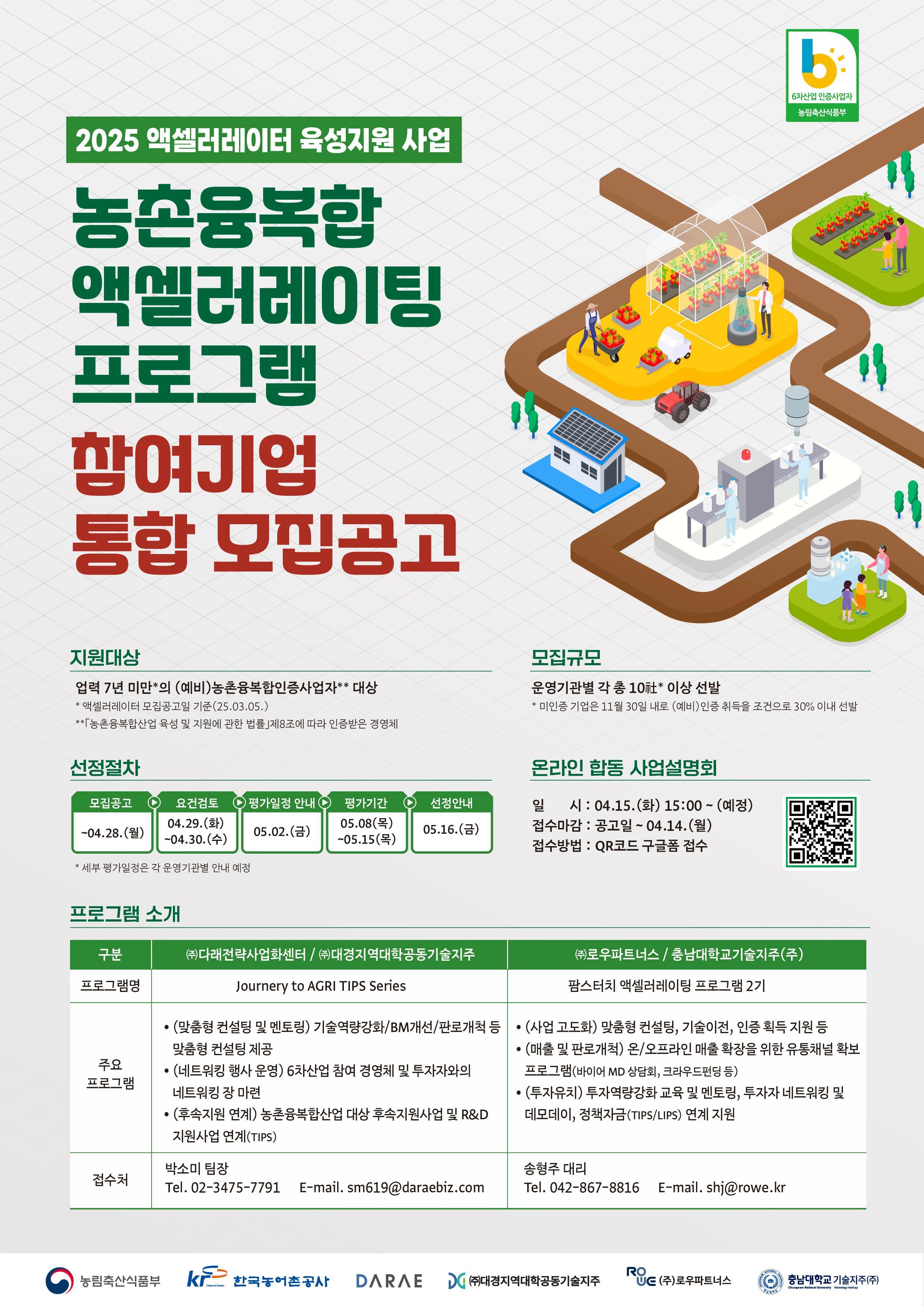 2025 액셀러레이터 육성지원 사업 농촌융복합 액셀러레이팅 프로그램 참여기업 통합 모집공고